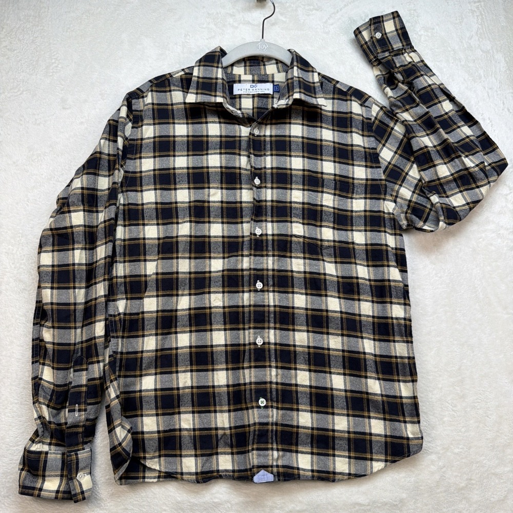 Peter Manning Plaid Button Down Shirt Men Medium Blue Beige Flannel Style